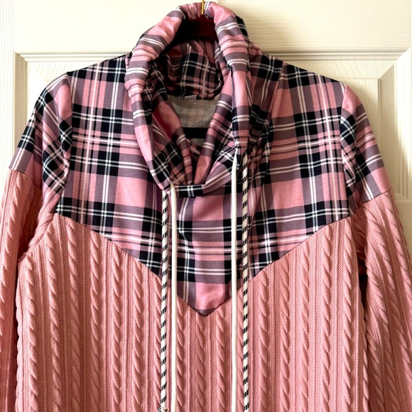 Pink Tartan Plaid Sweatshirt with Cowl Neck - Picture 2 of 5